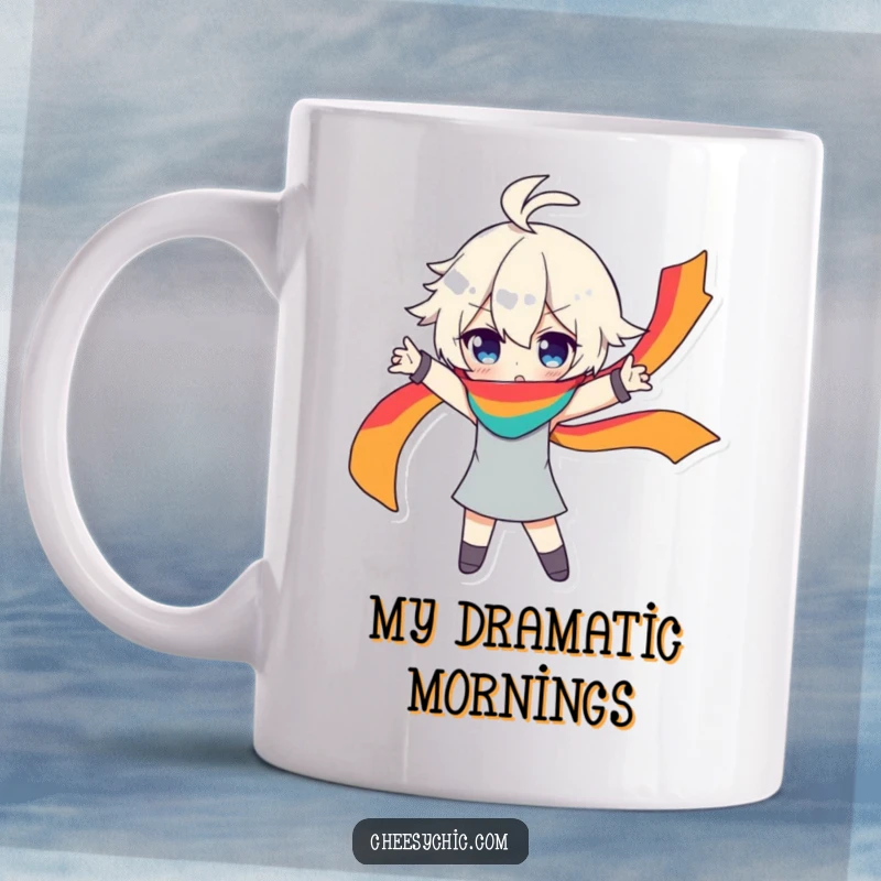 Funny mug showing a character in a dramatic pose with a flowing rainbow scarf, exuding confidence and theatrical flair.