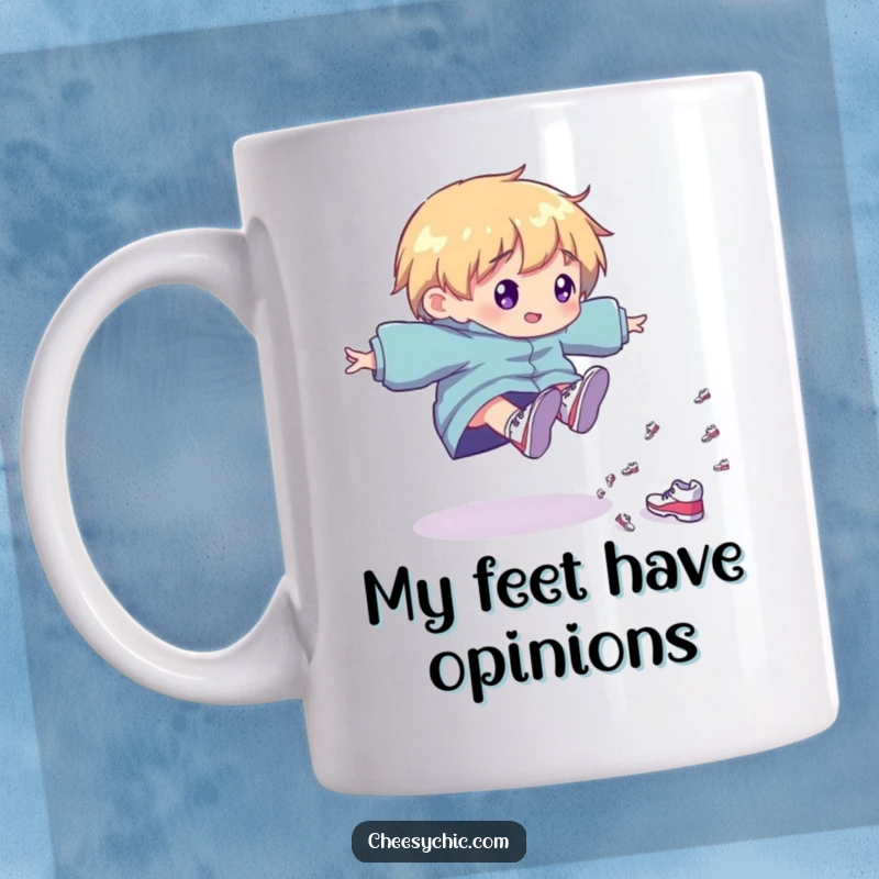 Funny Mug: Playful character tripping, scattering tiny shiny shoes with glee, a humorous and charming design.