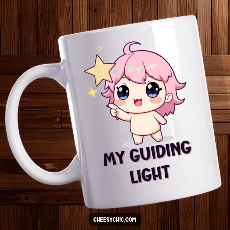 Funny mug featuring a joyful character energetically pointing upwards at a massive, shimmering star, symbolizing ambition and humor.