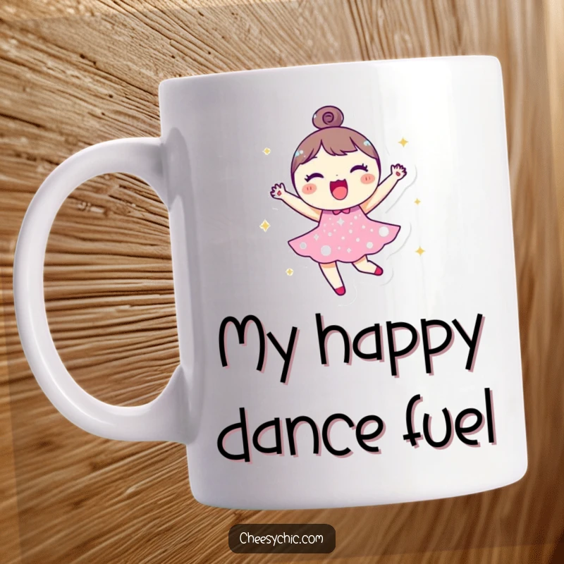 Funny mug with a small, round character in a sparkly dress bouncing joyfully, spreading cheer with its infectious happiness.