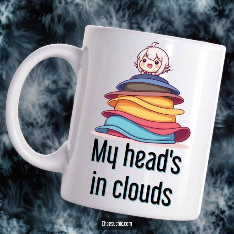 Funny mug showing a character precariously balanced atop a teetering stack of colorful hats, wearing a look of pure, delighted absurdity.