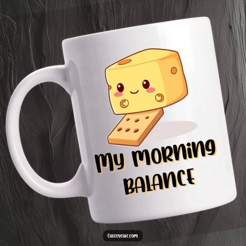 Funny cheese mug design of a wobbly block of cheese precariously balancing on a tiny cracker, looking determined and unstable.