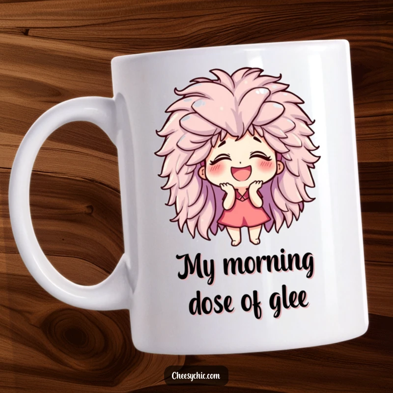 Funny mug showing a small stylized character giggling uncontrollably, hidden beneath a giant, voluminous, fluffy wig, full of comedic joy.