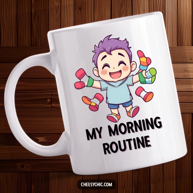 Funny mug with a grinning character skillfully juggling several brightly colored, mismatched socks, depicting laundry day fun.