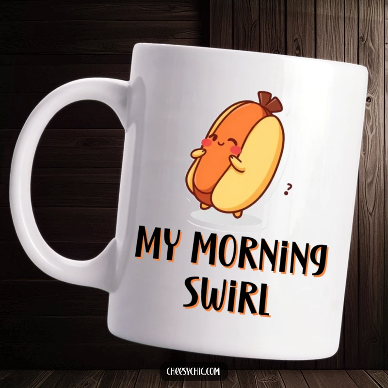 Funny Mug featuring a dizzy hot dog character spinning wildly on its bun, a comical and food-themed design.