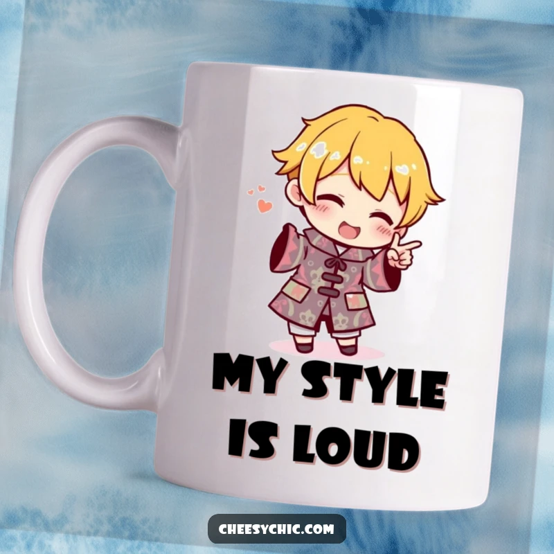 Funny Mug featuring a small stylized character excitedly pointing at a bizarrely patterned, eye-catching outfit.