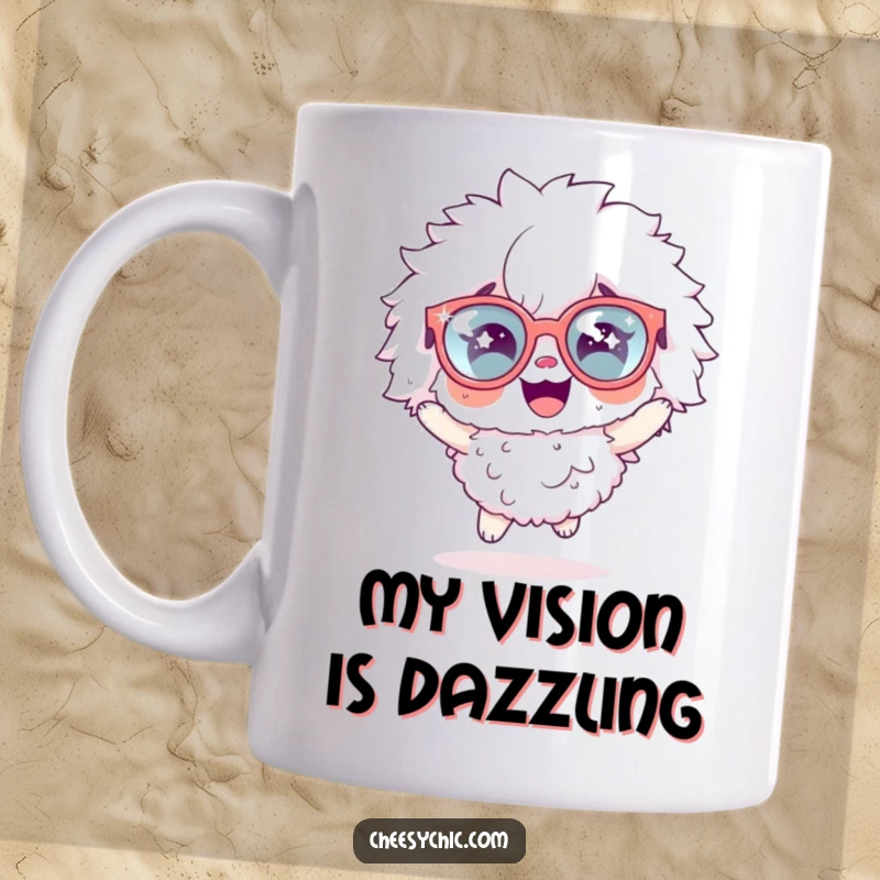 Funny mug featuring a fluffy character with oversized sparkly glasses gleefully hopping, radiating infectious excitement and joy.