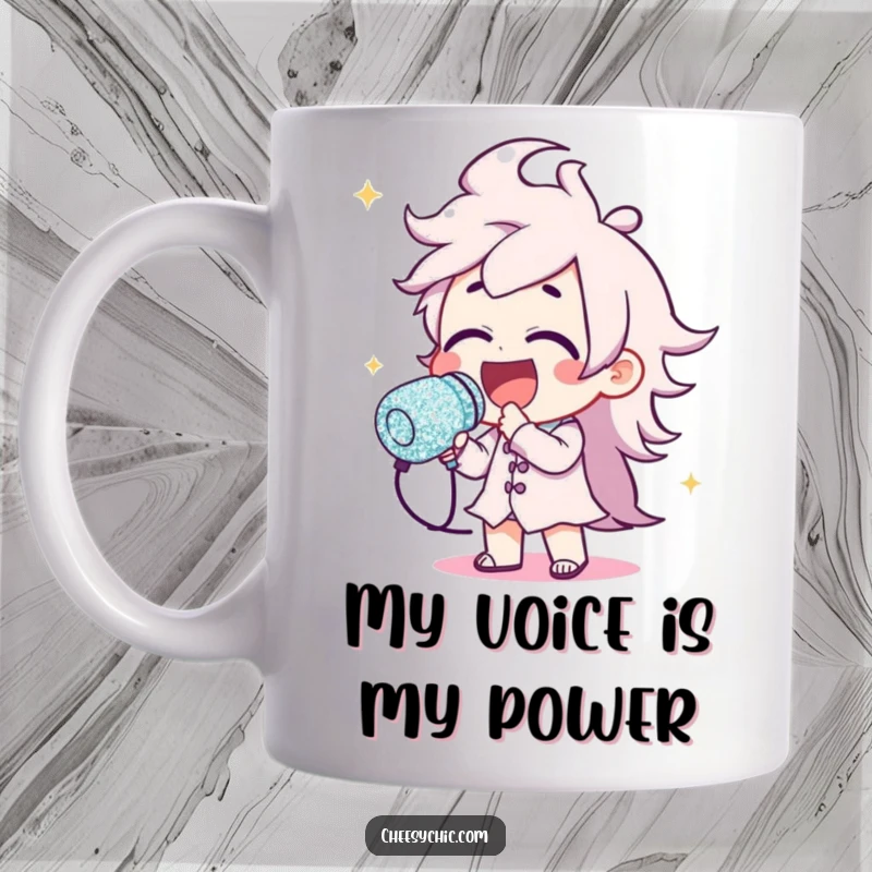 Funny mug of a character belting out a tune into a massive, sparkling glitter microphone, radiating pure performance joy.