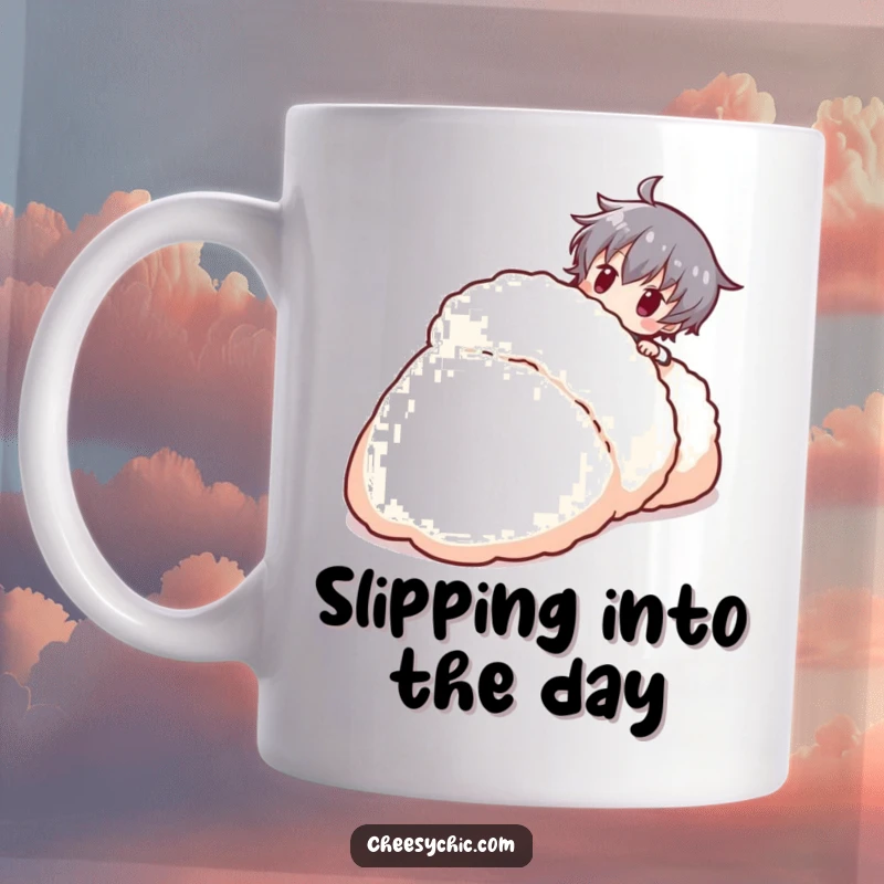 Funny stylized character playfully tripping over a huge, fluffy slipper, a comical and relatable design on a mug.