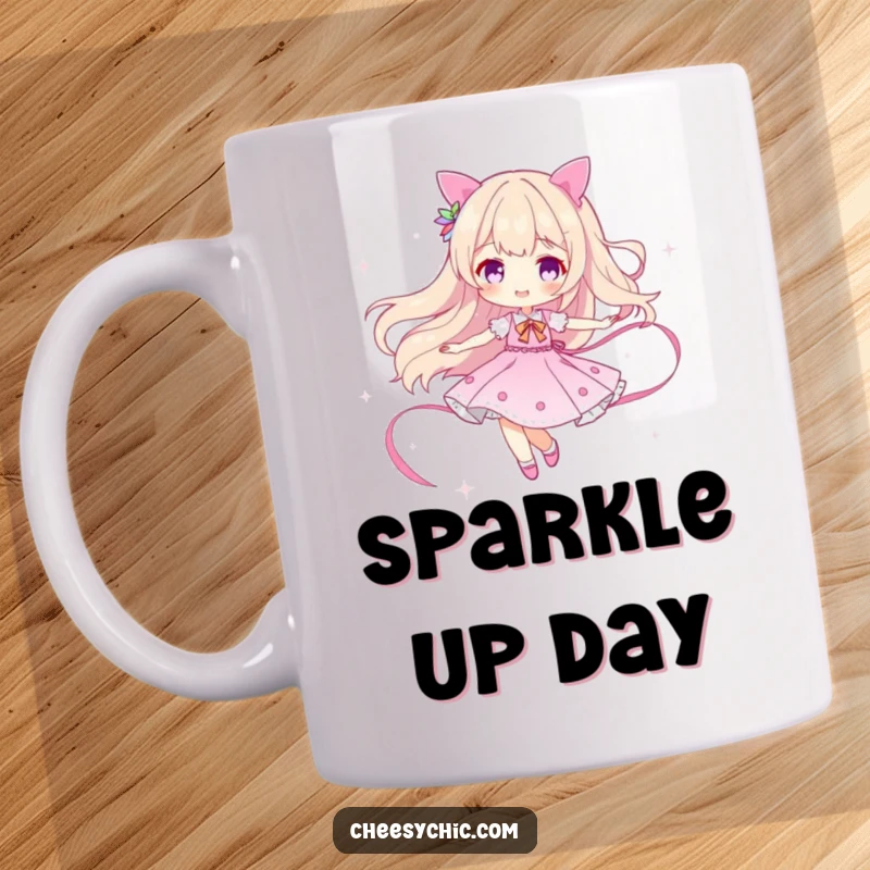 Funny mug featuring a character joyfully twirling, leaving a trail of pure, shimmering sparkle, embodying elegance and fun.