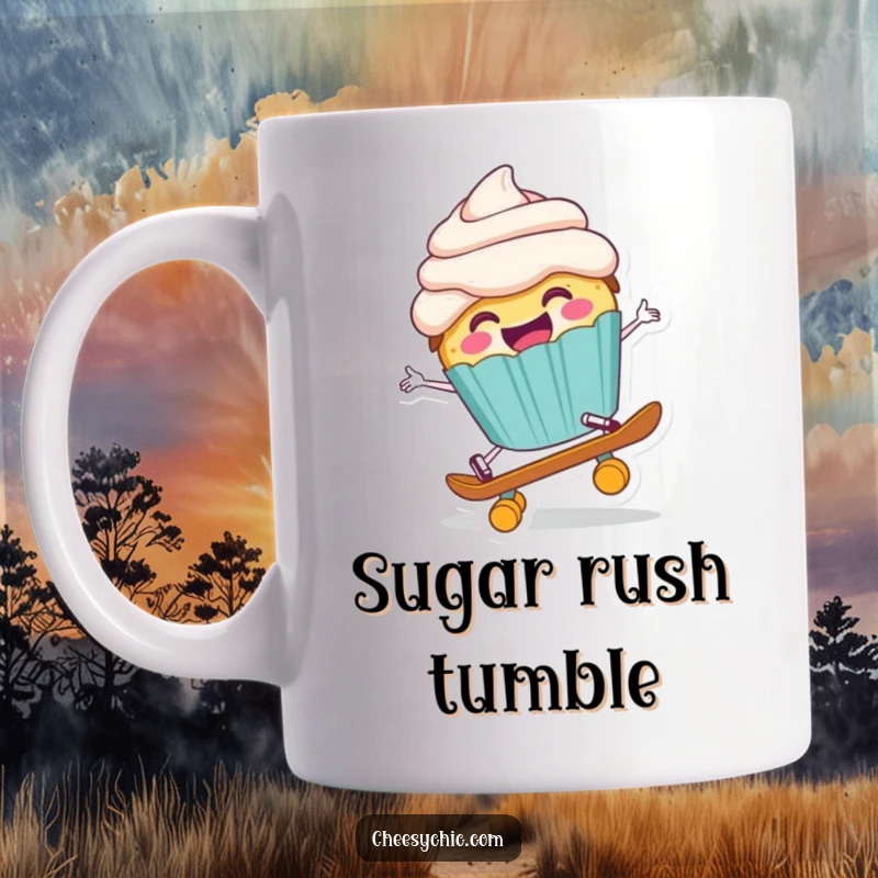 Funny mug with a happy anthropomorphic cupcake comically falling off a tiny skateboard, mid-air with a surprised expression.