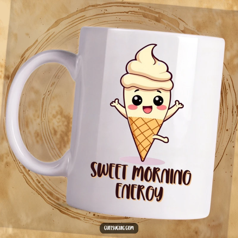 Funny mug featuring a cheerful ice cream cone character performing an acrobatic cartwheel with its stick pointing triumphantly upwards.