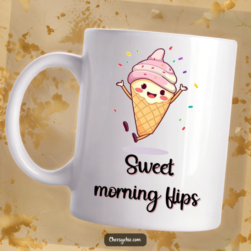 Funny mug with a smiling anthropomorphic ice cream cone performing a cartwheel, with colorful sprinkles flying, symbolizing sweet joy.