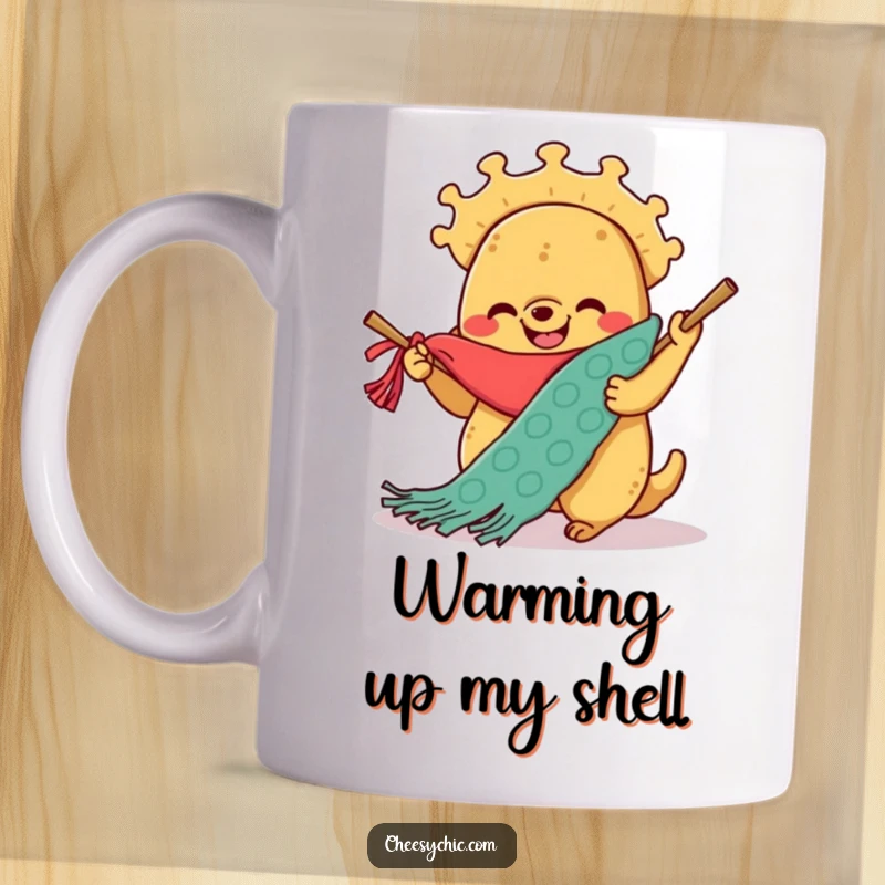 Funny mug with a smiling anthropomorphic taco enthusiastically knitting a giant colorful scarf with determination and joy.