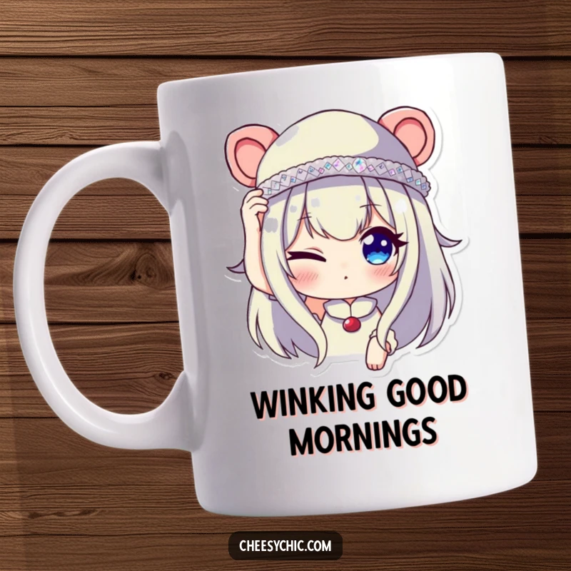 Funny mug showing a character winking slyly while adjusting a tiny, sparkly sequined hat, suggesting a playful secret.