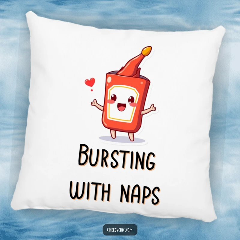 Funny pillow featuring a happy anthropomorphic ketchup packet bursting with joy, providing comfort and a smile.