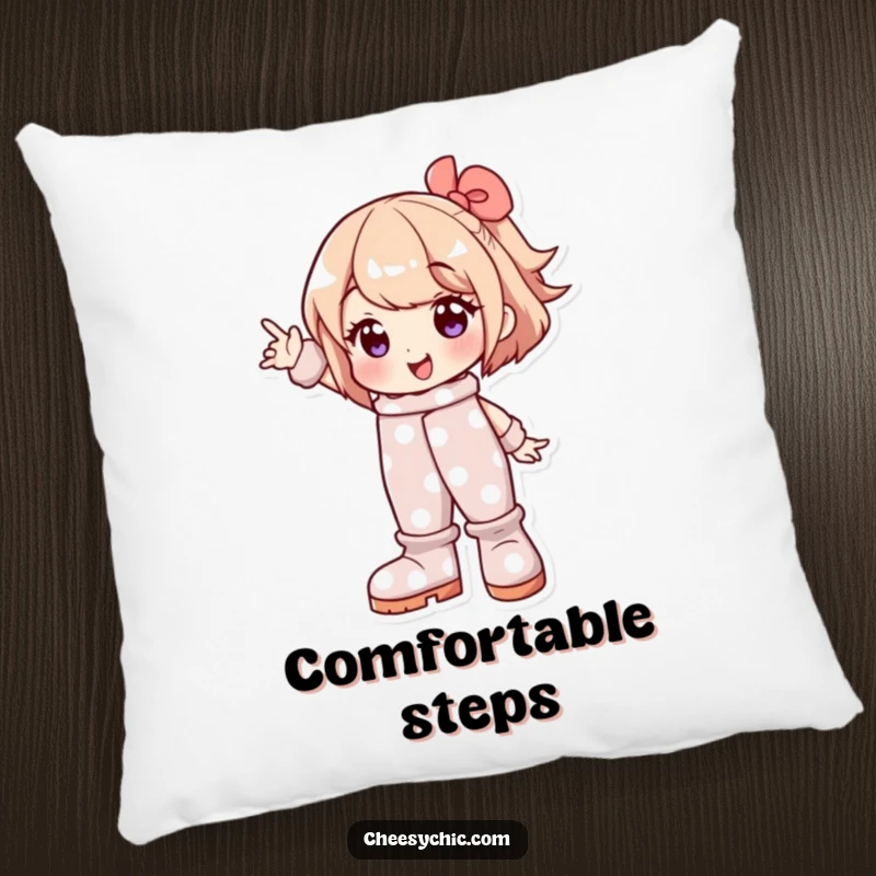 Funny pillow showcasing a character in oversized polka dot boots posing cheerfully, adding playful humor to any room.