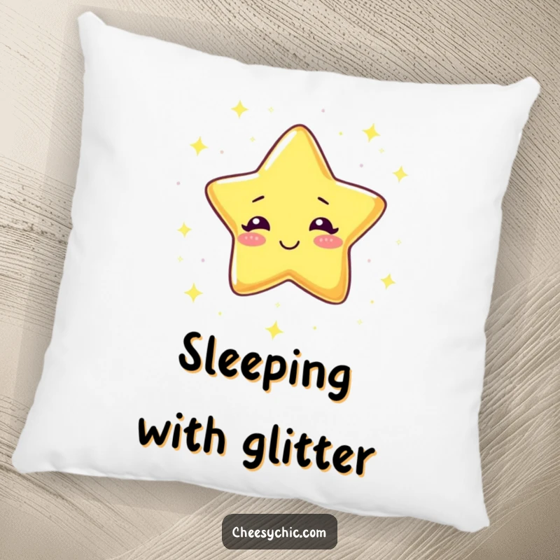 Funny Pillow with a giggling star raining tiny sparkles, offering comfort and a touch of magical joy.