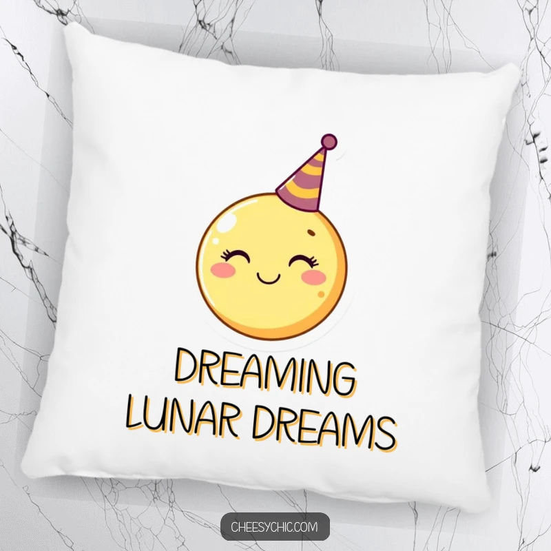 Funny Pillow with a smiling moon wearing a small party hat, offering comfort and a touch of lunar festivity.