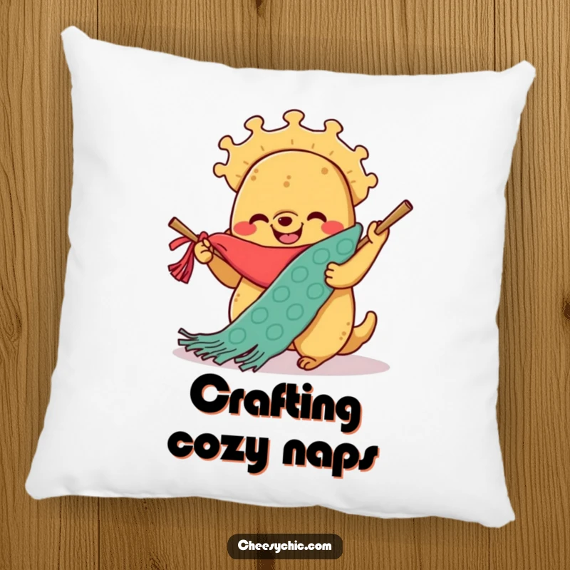 Funny pillow design of a smiling anthropomorphic taco enthusiastically knitting a huge scarf, perfect for cozy relaxation.