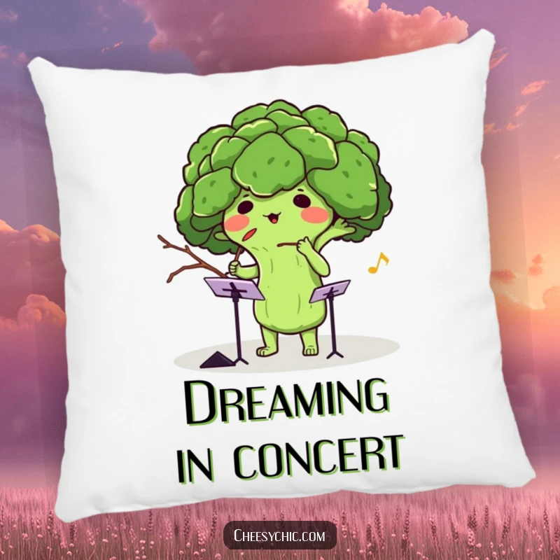 Funny pillow design of an adorable anthropomorphic broccoli conducting an invisible orchestra with a twig, embodying playful artistry.