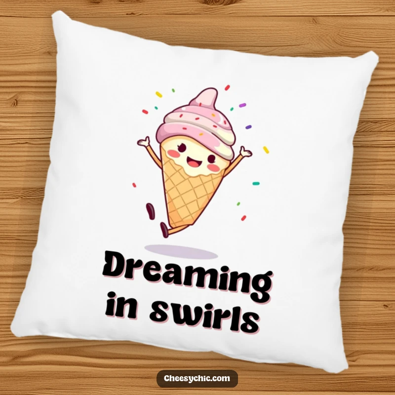 Funny pillow with a smiling ice cream cone doing a cartwheel with sprinkles flying, soft, comforting, and full of joy.