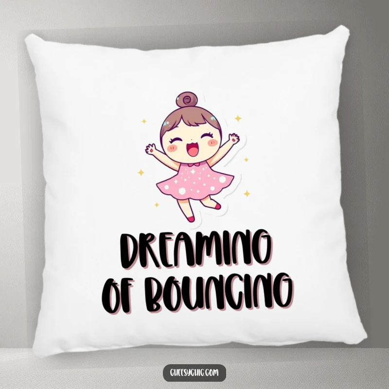 Funny pillow featuring a small, round character in a sparkly dress, joyfully bouncing with a contagious sense of happiness and comfort.