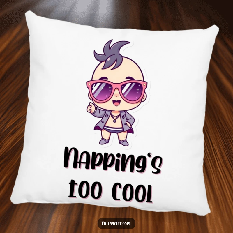 Funny Pillow decorated with a small stylized character in oversized, sequined sunglasses, striking a confident and fashionable pose.