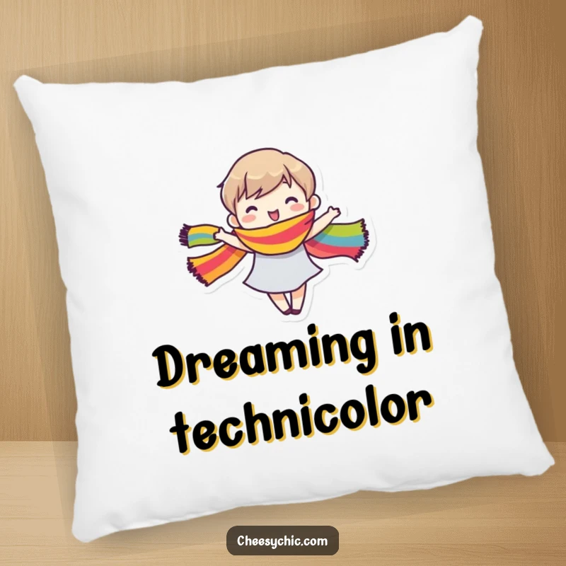 Funny Pillow adorned with a small stylized character in a happy dance, their long rainbow scarf flowing gracefully.