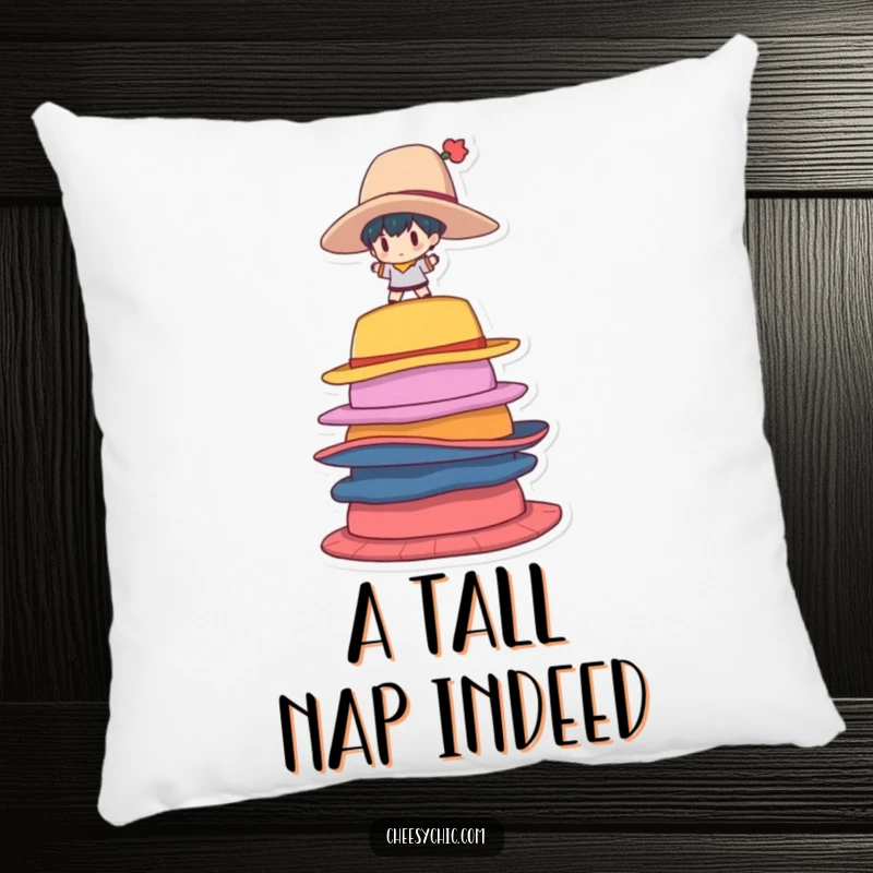 Funny Pillow decorated with a small stylized character attempting to balance on a wobbly stack of colorful, oversized hats.