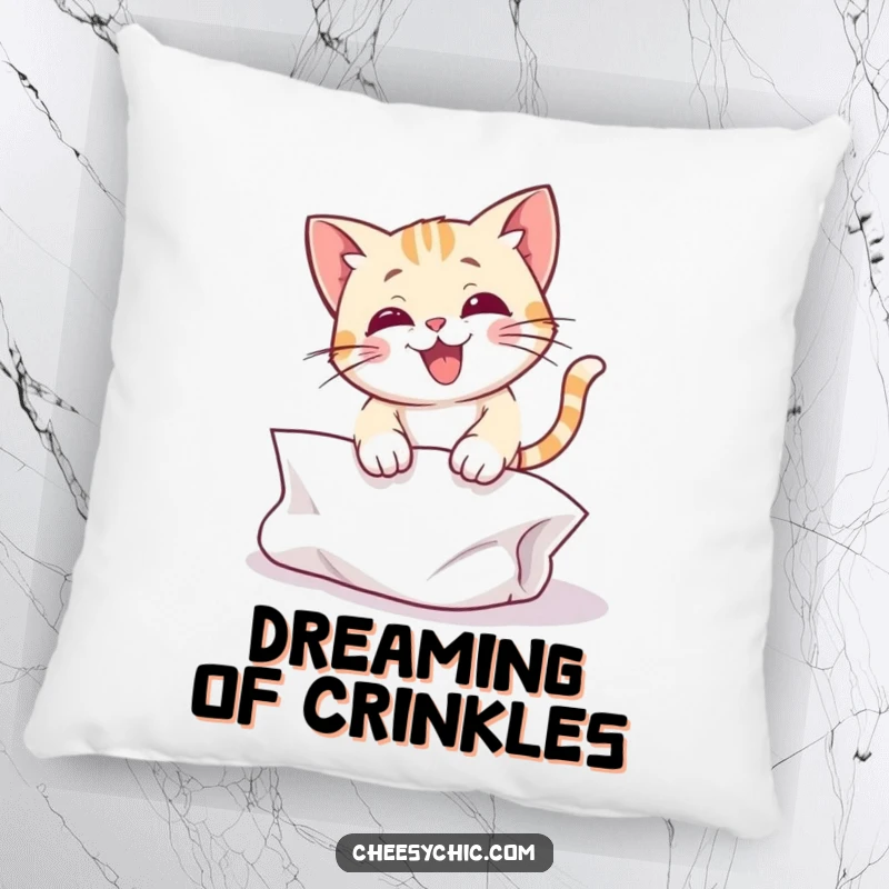 Funny pillow featuring a cute cat character in mid-pounce, enthusiastically attacking a crumpled piece of paper.