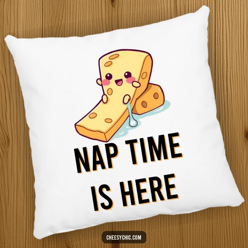 Funny Pillow showcasing a happy cheese slice character embarking on a waterslide adventure down a cracker, adding comedic flair.