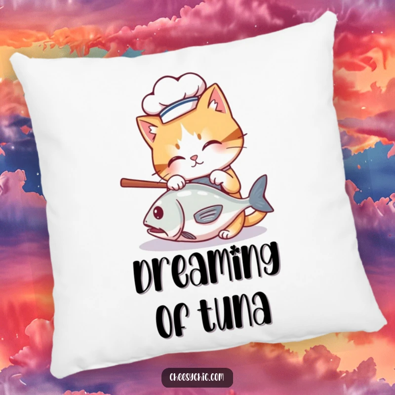 Funny pillow featuring a cute cat in a chef hat, batting at a rolling fish, plush and humorous.