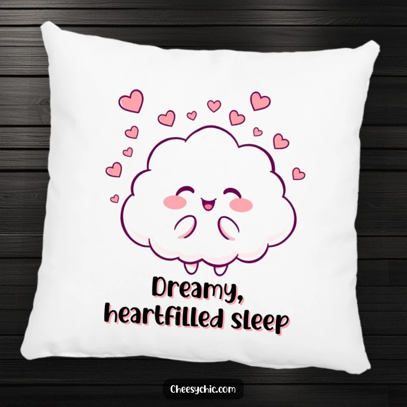 Funny pillow showcasing a happy cloud character giggling as it showers tiny, cute hearts, bringing soft, loving vibes.
