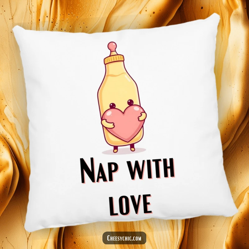 Funny pillow featuring a smiling anthropomorphic condiment bottle tenderly squeezing out a giant heart, offering comfort and amusement.