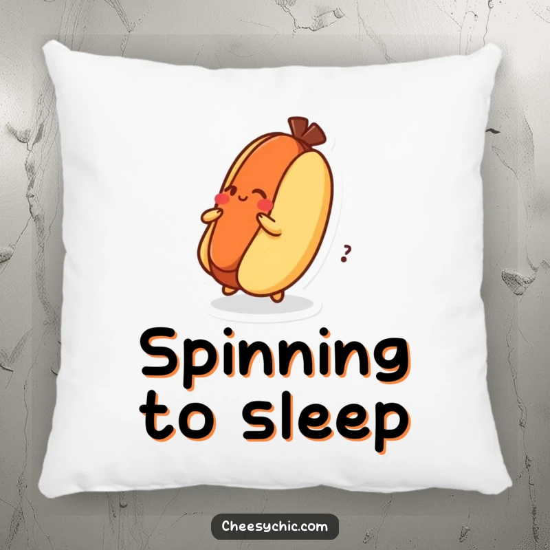Funny Pillow depicting a dizzy hot dog character spinning on its bun, adding cozy fun and playful energy.