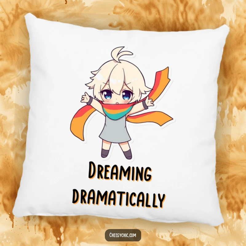 Funny pillow featuring a character in a dramatic pose, a flowing rainbow scarf adding color, perfect for cozy comfort and style.