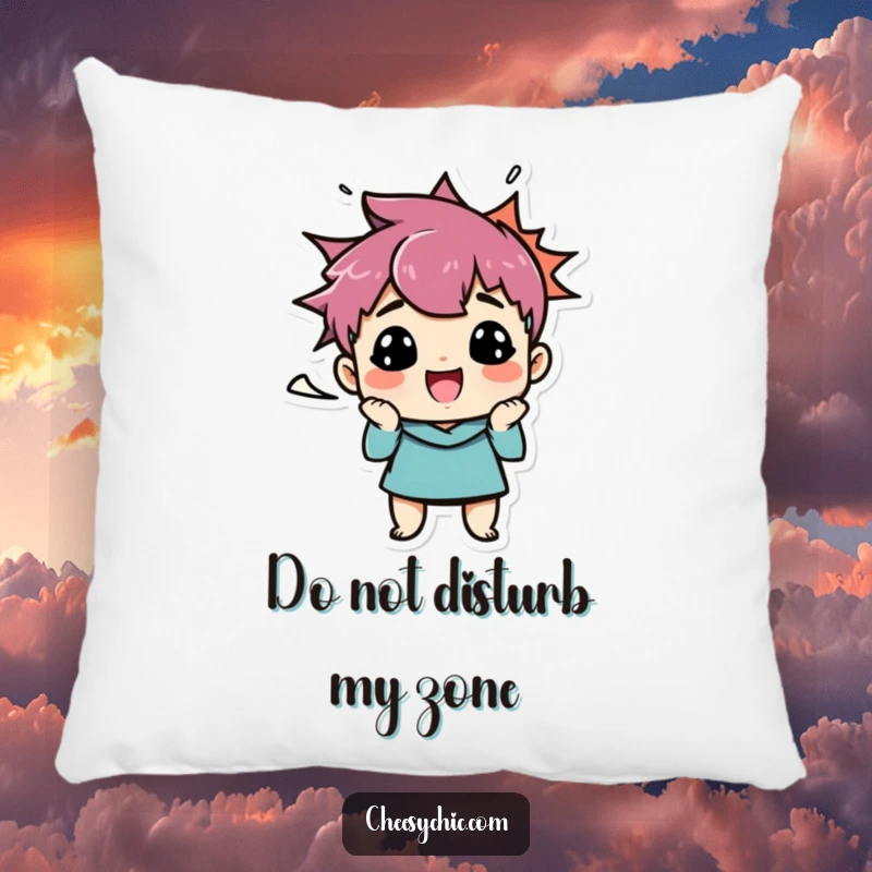 Funny pillow featuring a small, stylized character making a classic funny face, with a lively speech bubble amplifying its comical expression.