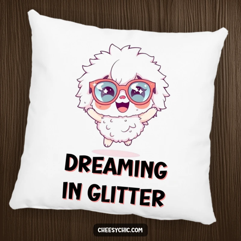 Funny pillow adorned with a fluffy character sporting oversized sparkly glasses, captured in a spontaneous, joyful hopping motion.