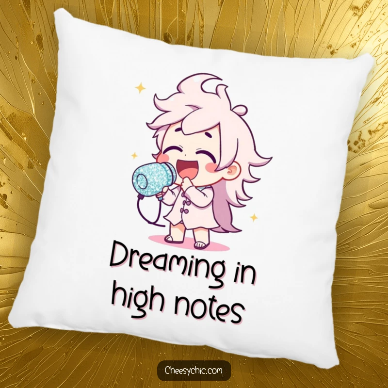 Funny pillow showing a character serenading the crowd with a huge, sparkling glitter microphone, bringing stage energy home.