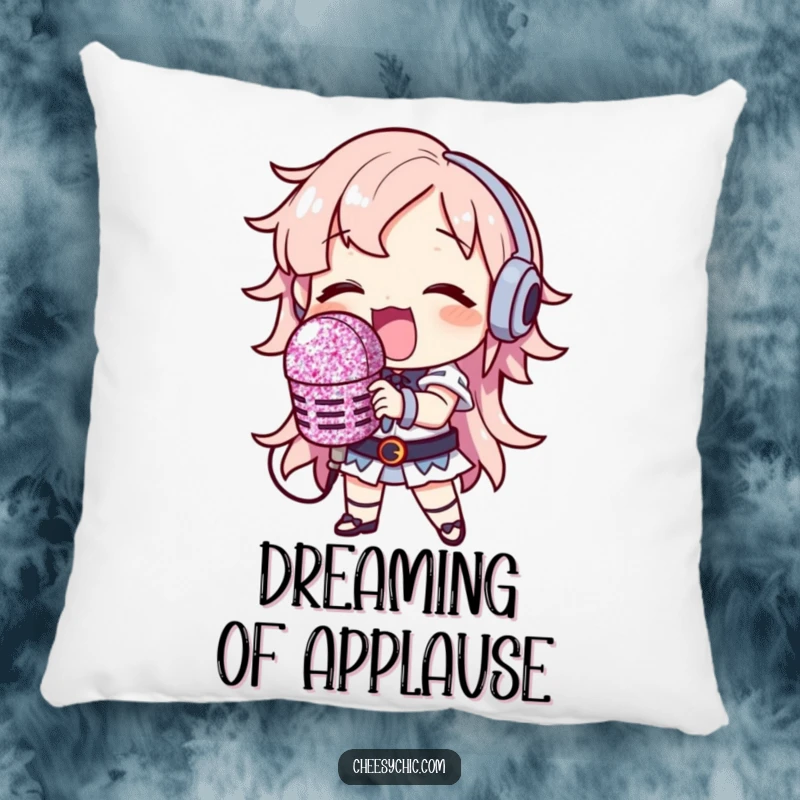 Funny Pillow: Character singing loudly with a large, glitter-covered microphone, soft and humorous home decor.
