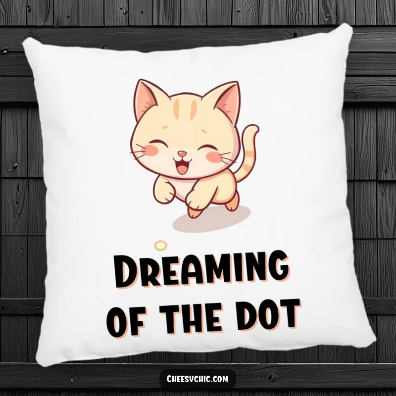 Funny pillow featuring a cute cat frantically chasing a laser pointer dot on the floor, plush and humorous.