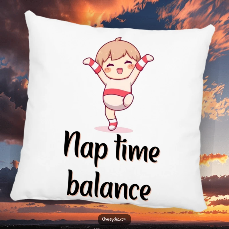 Funny Pillow: Character wearing mismatched socks, joyfully doing a cartwheel, soft and humorous home decor.