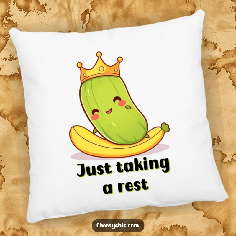 Funny pillow with a cartoon pickle wearing a crown, comically slipping on a banana peel, a soft and humorous decorative piece.