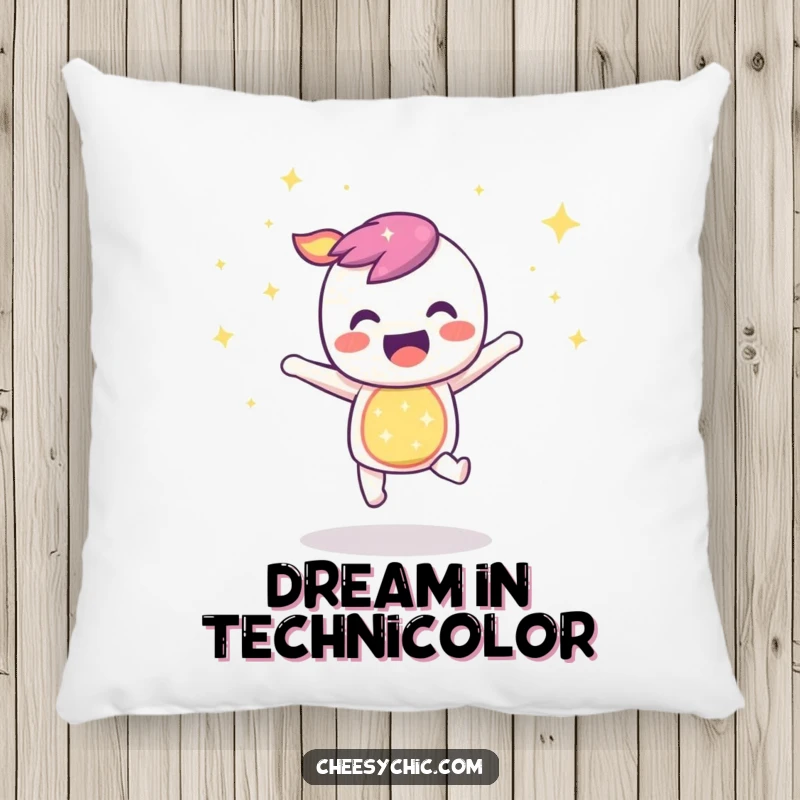 Funny pillow featuring a happy, sparkly rainbow character bouncing with infectious joy, bringing vibrant, cheerful vibes.