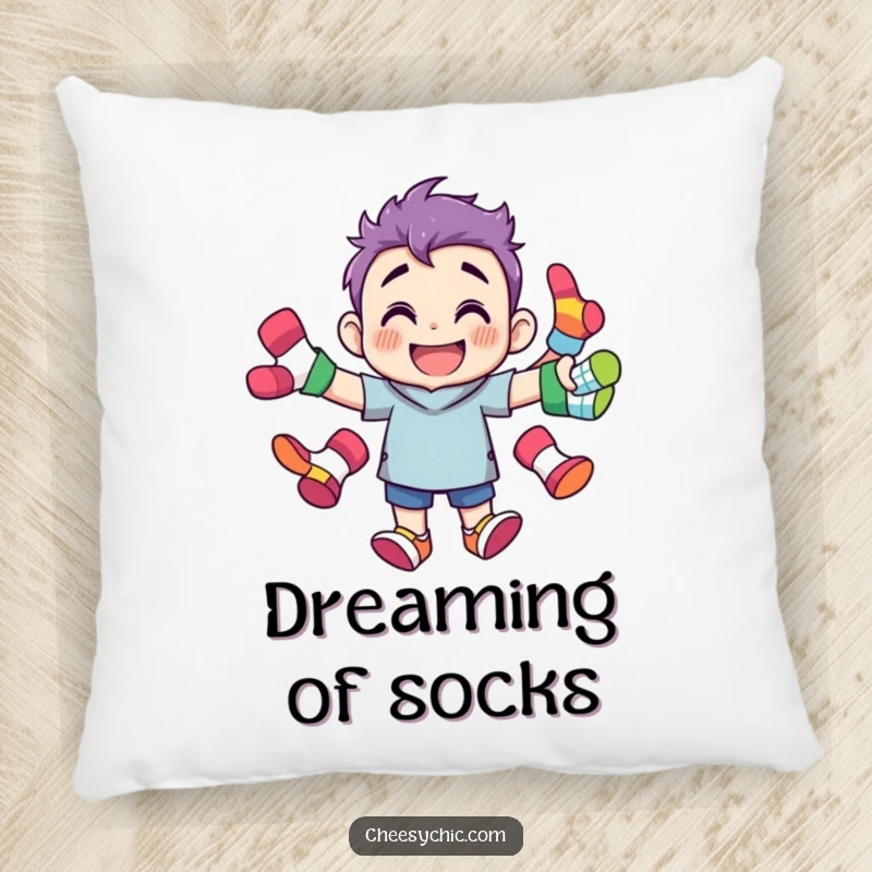 Funny pillow featuring a grinning character juggling brightly colored, mismatched socks, offering comfort and a humorous touch.