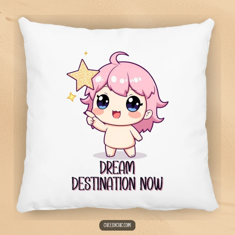 Funny pillow featuring a character joyfully pointing at a massive, glittery star, adding humor and dreams to home decor.