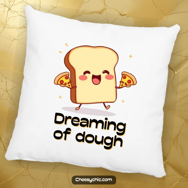 Funny pillow with a happy anthropomorphic toast aggressively juggling three small pizzas, soft, huggable, and humorous.