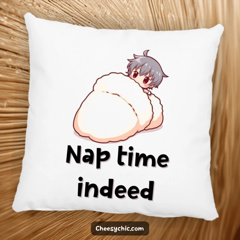 Funny stylized character playfully tripping over a giant fluffy slipper, a soft and humorous decorative pillow.