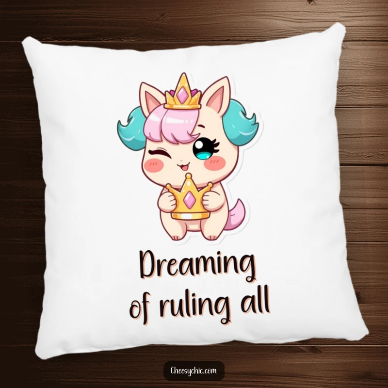 Funny pillow featuring a stylized character winking with a mischievous grin, clutching a tiny, shimmering crown, bringing comfort and humor.
